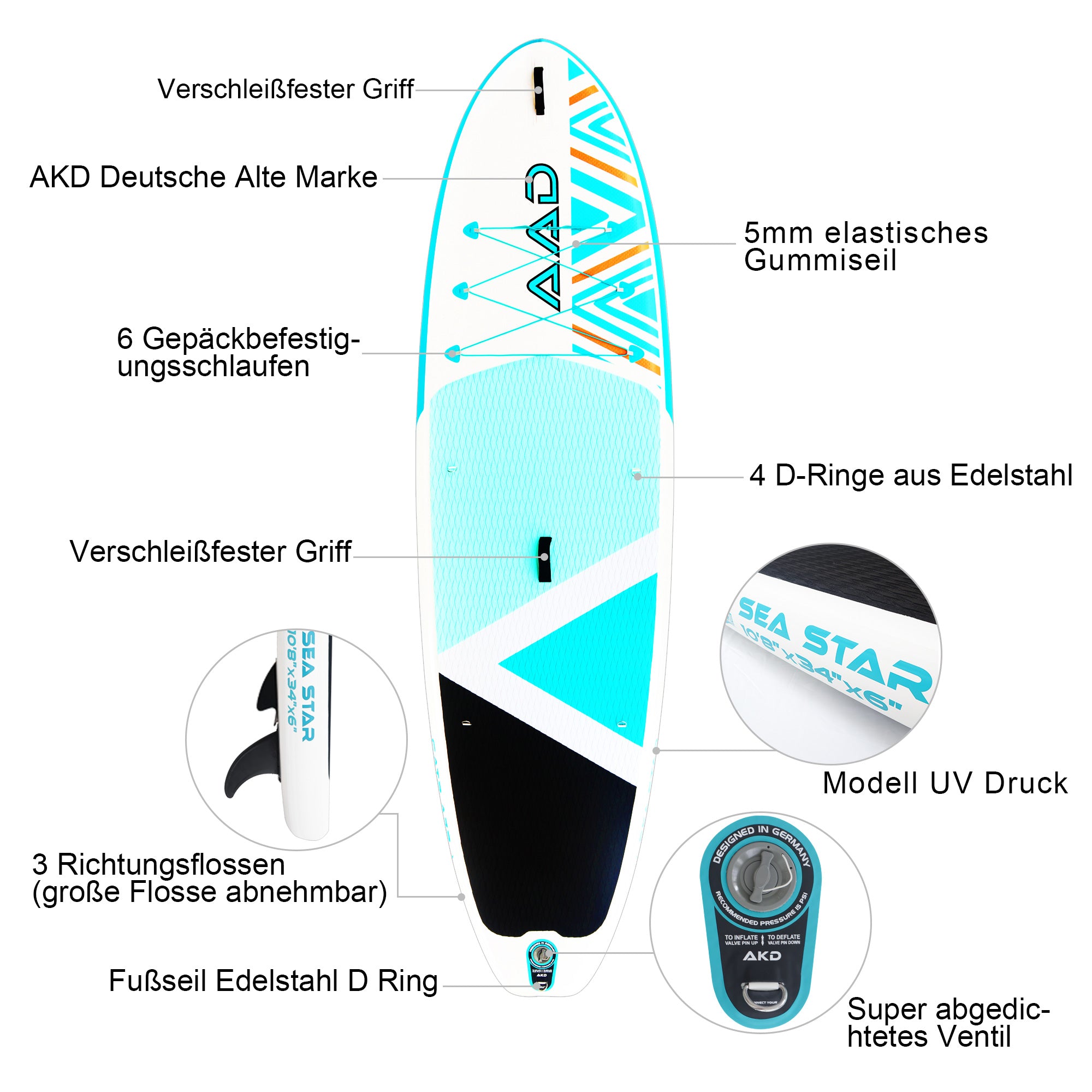 AKD SeaStar Stand Up Paddle Board 10'8” 325x86x15cm SUP Board 165kg/346L (Cyan)
