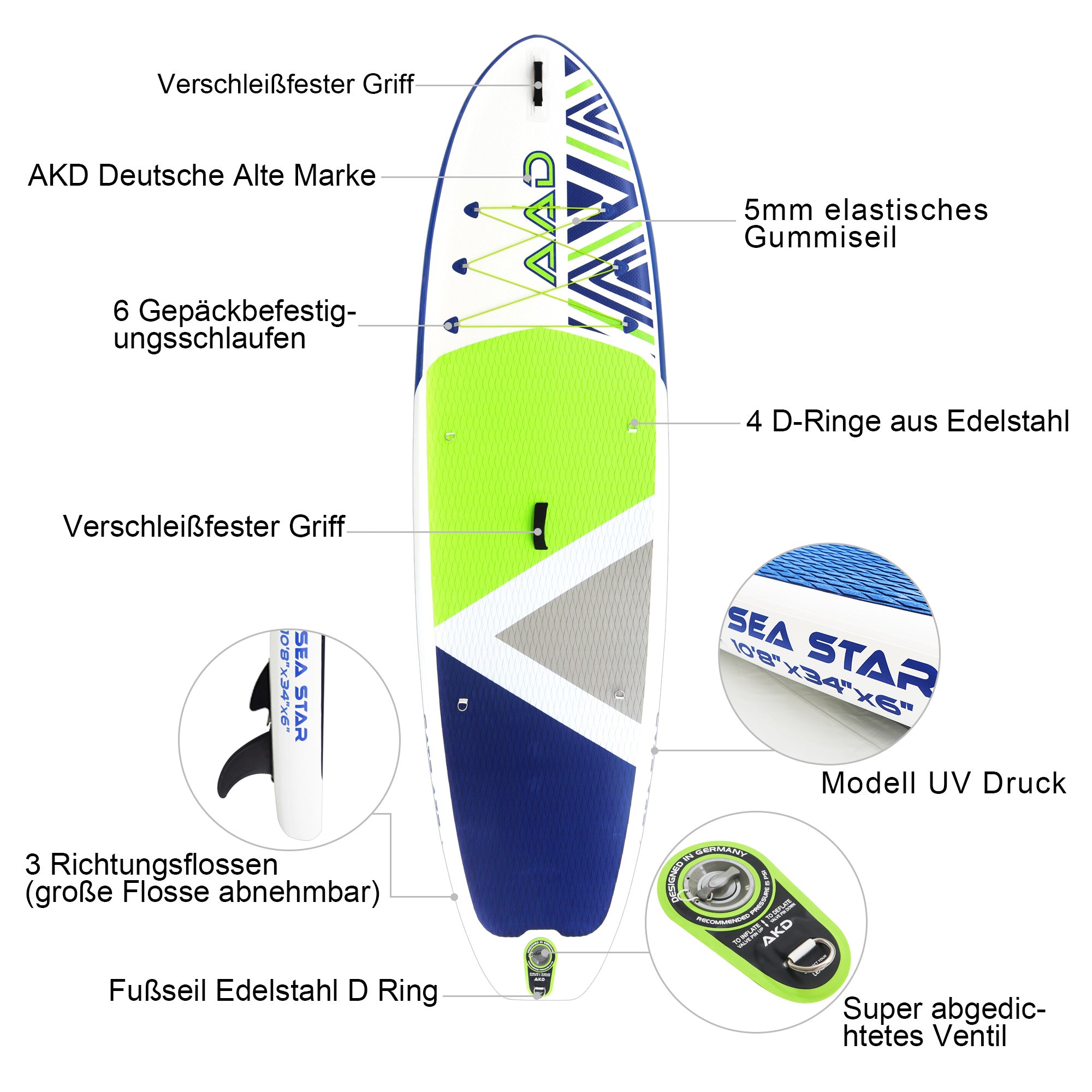 AKD SeaStar 10'8 "Stand Up Paddle Board SUP 325x86x15cm 165kg / 346L (Vert)